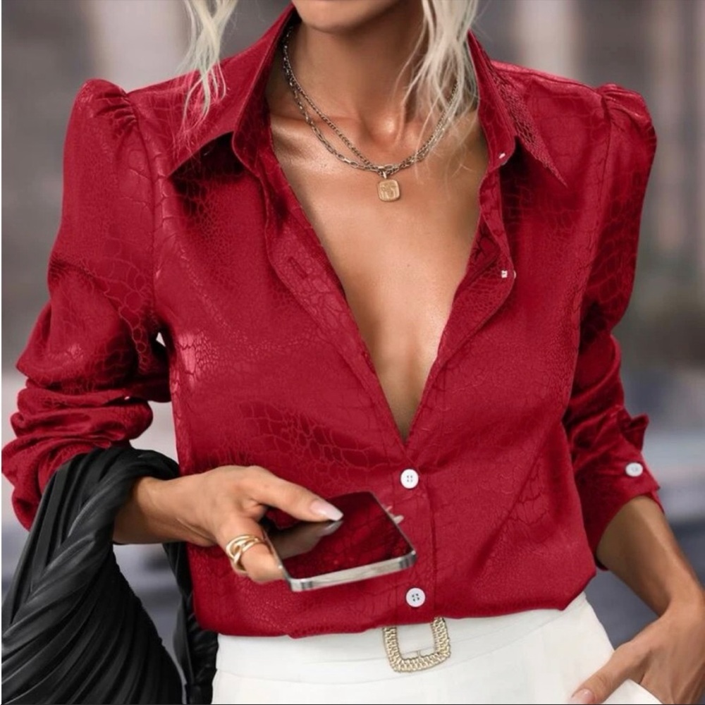 Luxe Red Snakeskin Print Button Down Satin Shirt S M L XL